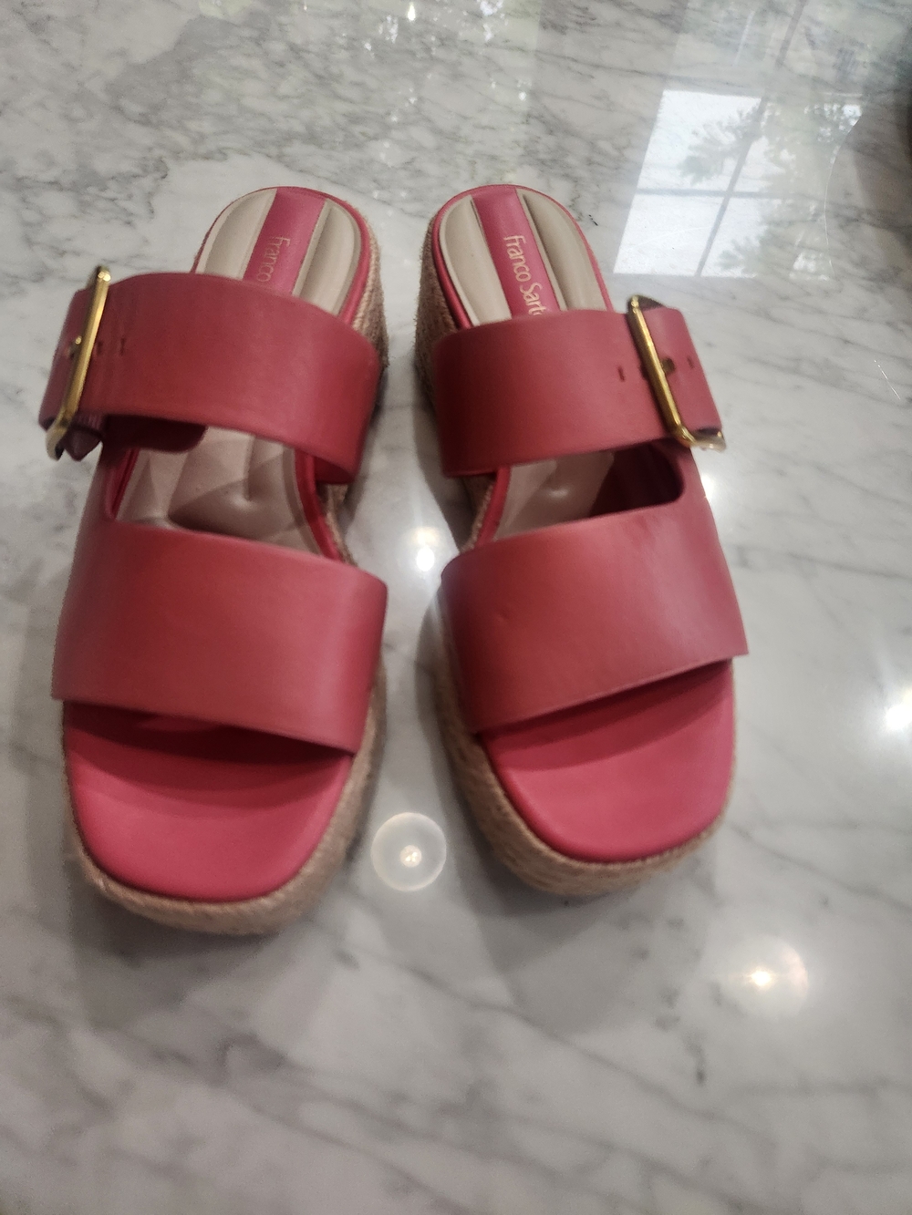 Franco Sarto Pink Dual Strap Platform Slides with Gold Buckle, Barely Worn